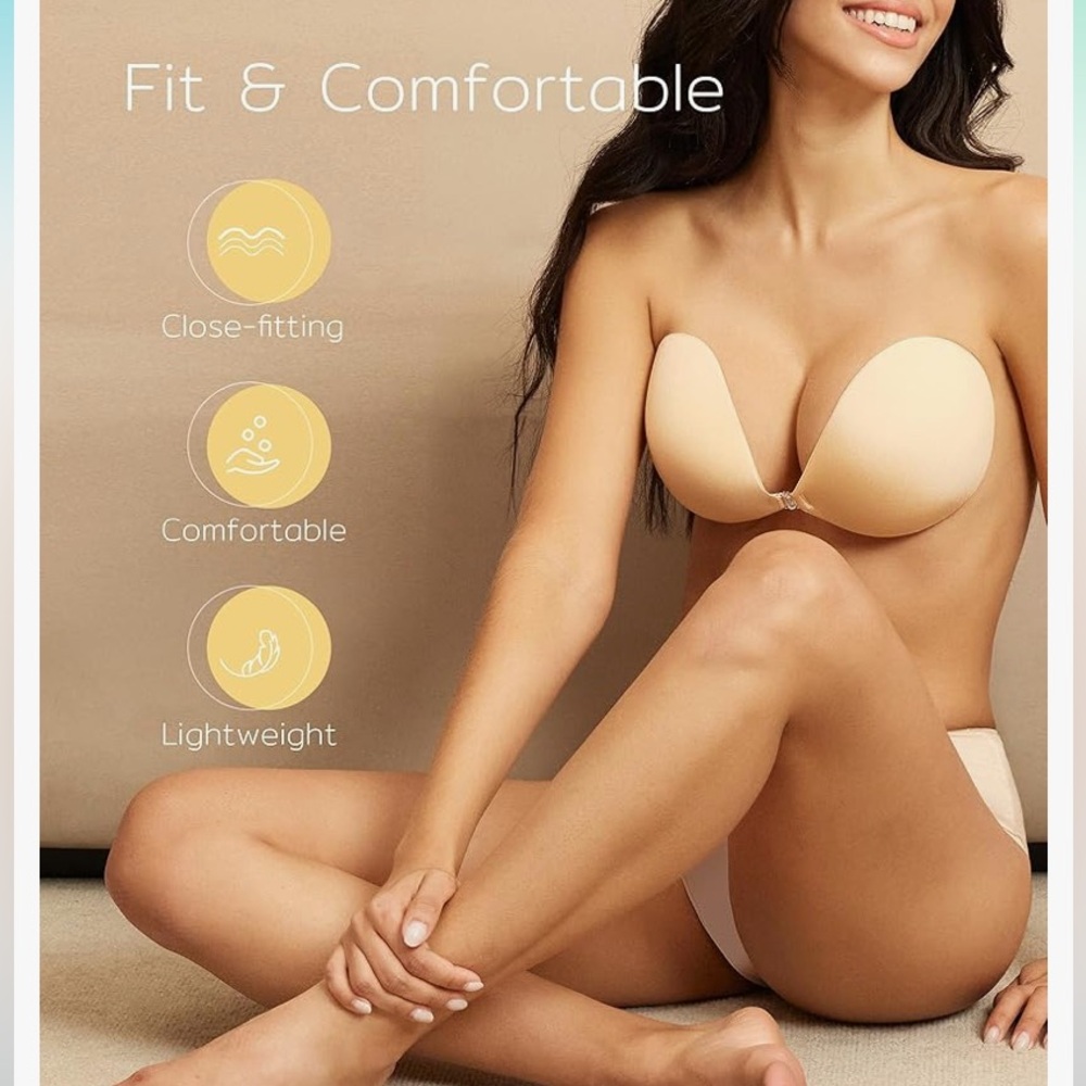 Adhesive Stick on Bra Fabric Strapless C cup w/ nipple petals covers nude Nidor